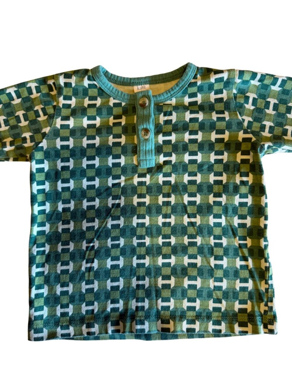 kate quinn - Geo Chain AOP Organic Cotton Henley Long Sleeve Tee Teal/Green 2T